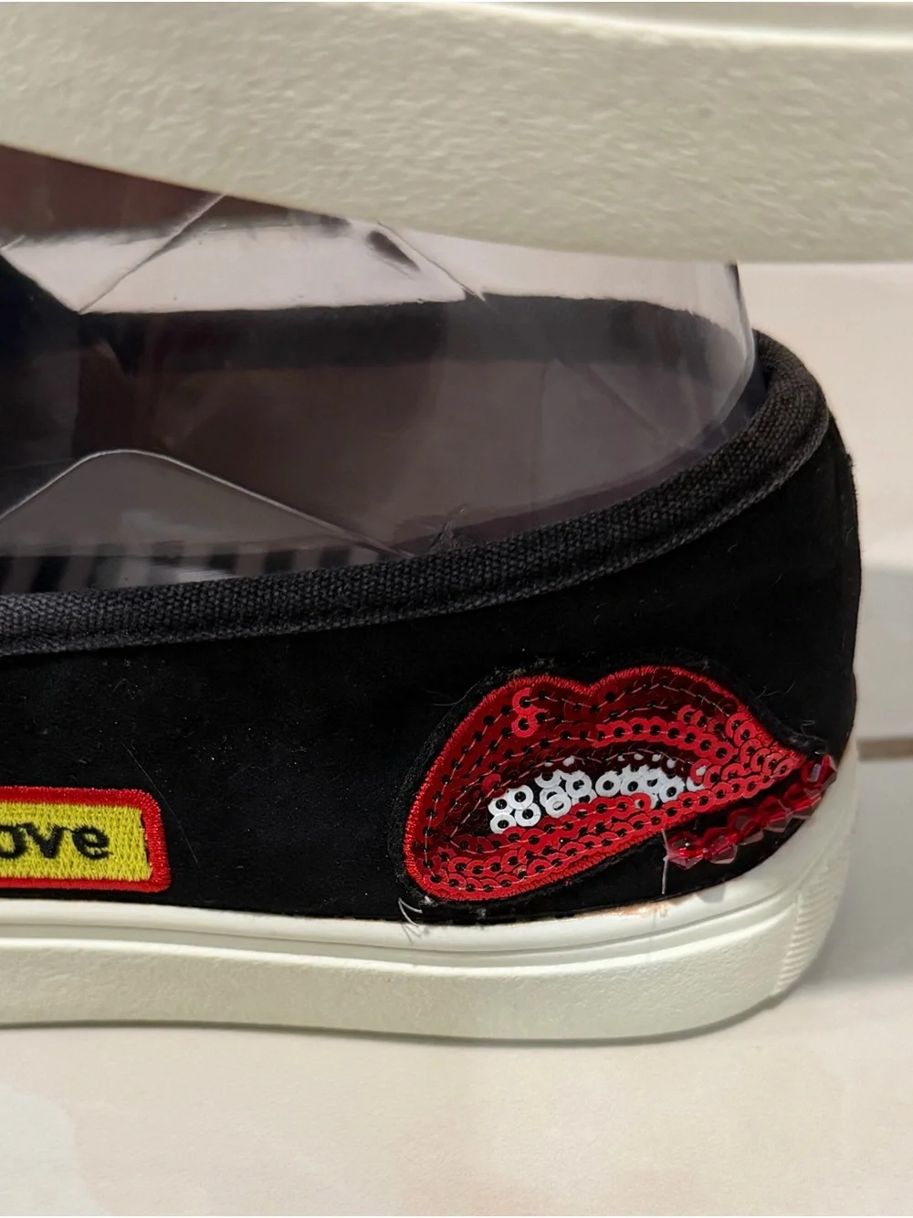 Betsey Johnson Black Slip-On Sneakers with Gold Bee Embroidery & Red Heart